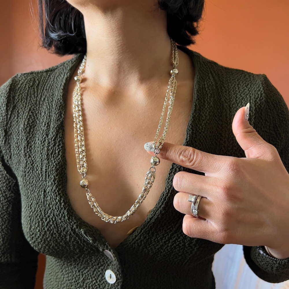 Delicate 3 Strand Station Necklace gold silver tone‎ balls